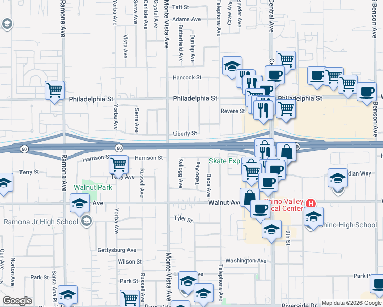 map of restaurants, bars, coffee shops, grocery stores, and more near 12340 Tebo Avenue in Chino