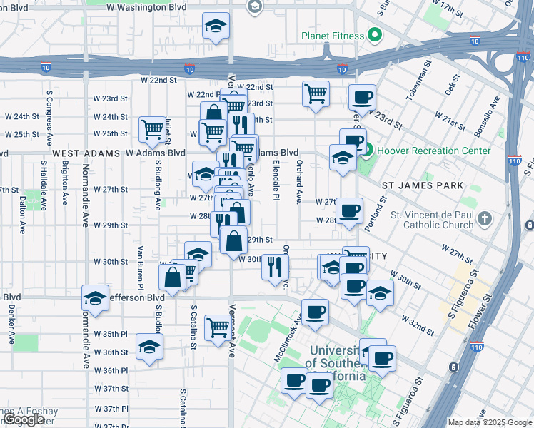 map of restaurants, bars, coffee shops, grocery stores, and more near 2816 Menlo Avenue in Los Angeles