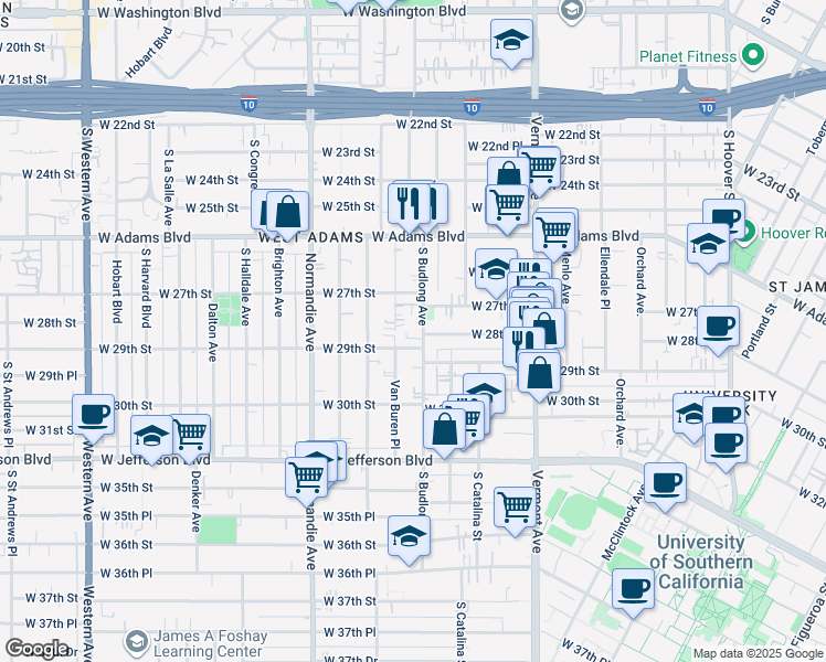 map of restaurants, bars, coffee shops, grocery stores, and more near 1550 West 29th Street in Los Angeles