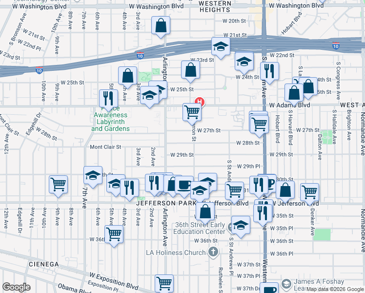 map of restaurants, bars, coffee shops, grocery stores, and more near 2222 West 29th Street in Los Angeles