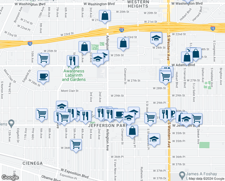 map of restaurants, bars, coffee shops, grocery stores, and more near 2268 West 29th Street in Los Angeles