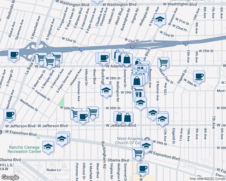 map of restaurants, bars, coffee shops, grocery stores, and more near 2910 Virginia Road in Los Angeles