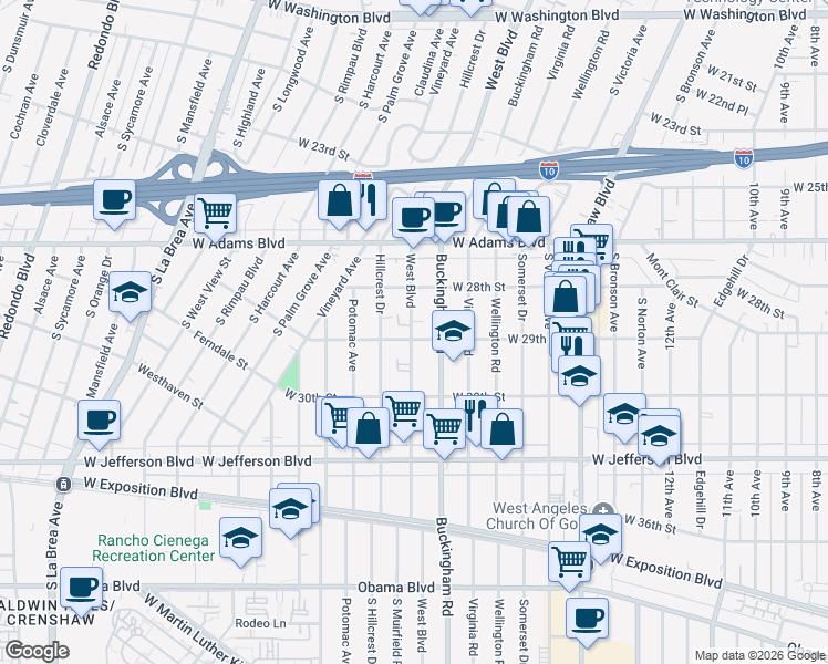 map of restaurants, bars, coffee shops, grocery stores, and more near 2915 Buckingham Road in Los Angeles