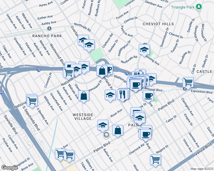 map of restaurants, bars, coffee shops, grocery stores, and more near 3215 Overland Avenue in Los Angeles