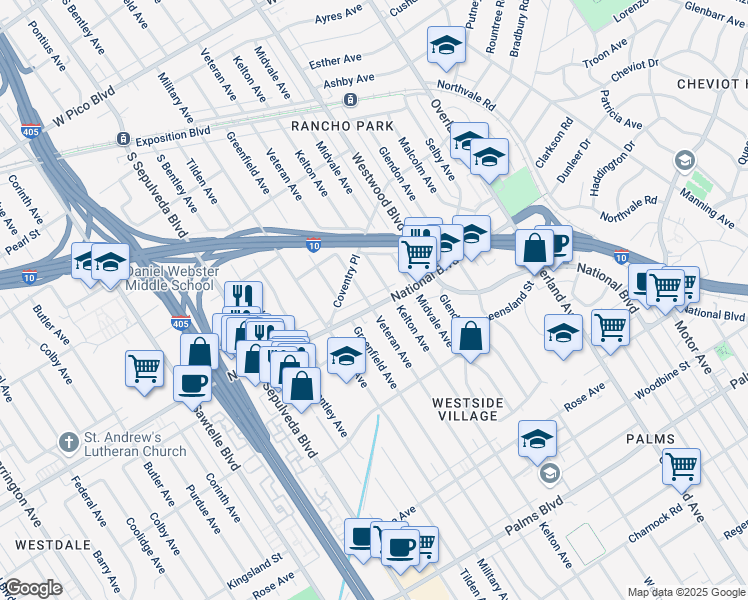 map of restaurants, bars, coffee shops, grocery stores, and more near 10930 National Boulevard in Los Angeles