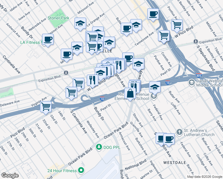 map of restaurants, bars, coffee shops, grocery stores, and more near 2490 Granville Avenue in Los Angeles