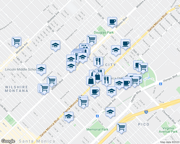 map of restaurants, bars, coffee shops, grocery stores, and more near 1311 19th Street in Santa Monica