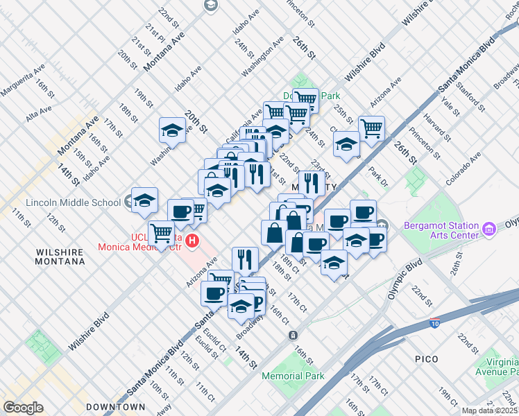 map of restaurants, bars, coffee shops, grocery stores, and more near 1311 19th Street in Santa Monica