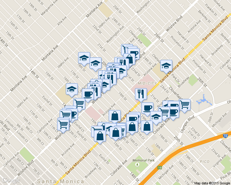 map of restaurants, bars, coffee shops, grocery stores, and more near 1253 18th Street in Santa Monica