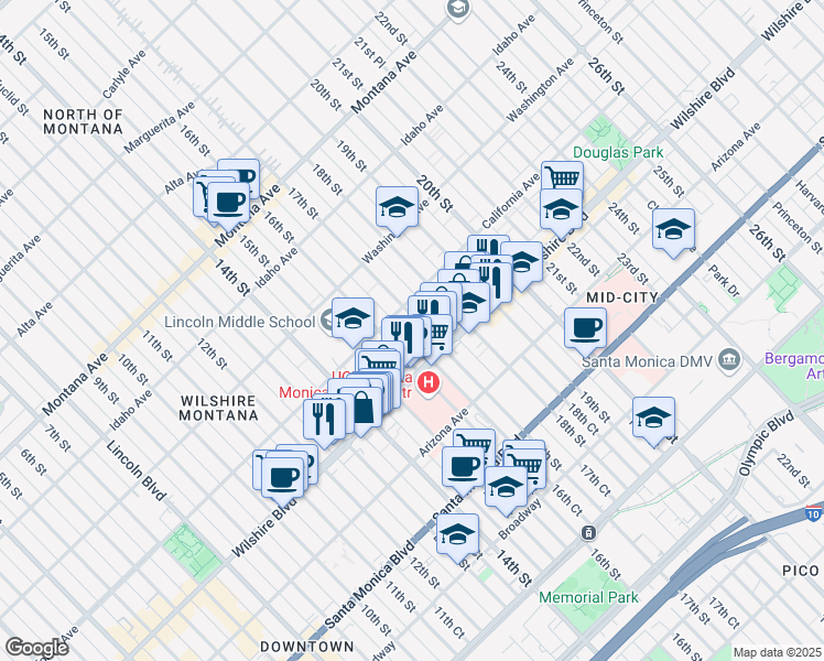 map of restaurants, bars, coffee shops, grocery stores, and more near 1128 16th Street in Santa Monica
