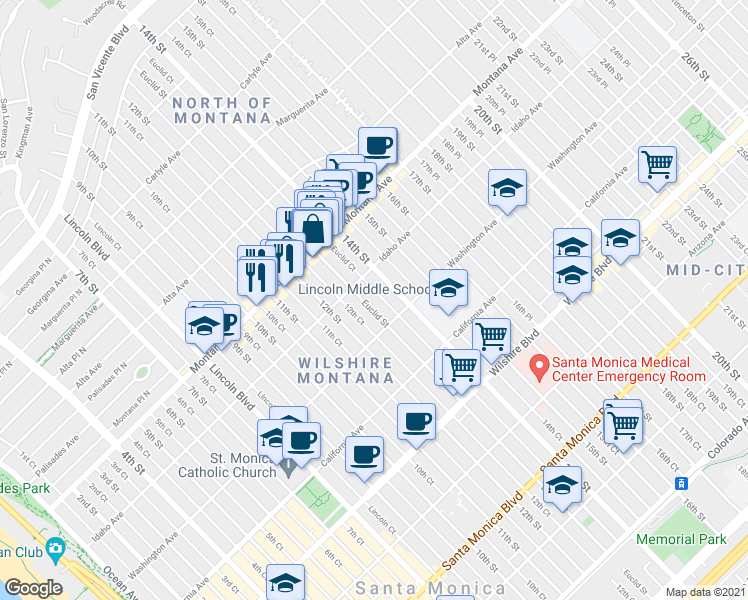 map of restaurants, bars, coffee shops, grocery stores, and more near 930 12th Court in Santa Monica
