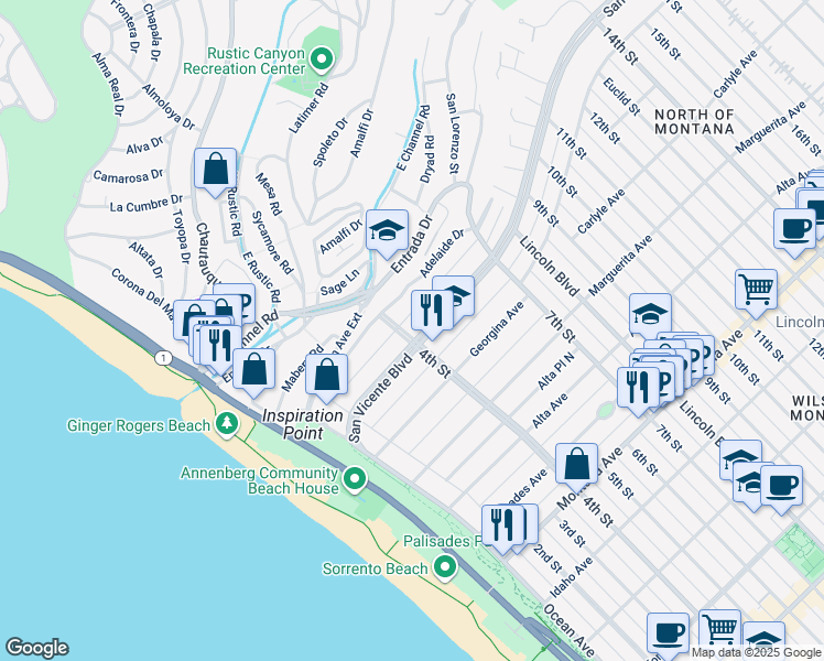 map of restaurants, bars, coffee shops, grocery stores, and more near in Santa Monica