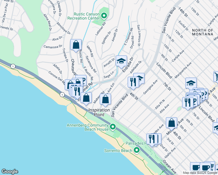 map of restaurants, bars, coffee shops, grocery stores, and more near 147 Adelaide Drive in Santa Monica