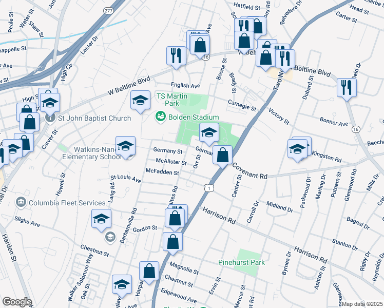 map of restaurants, bars, coffee shops, grocery stores, and more near 1731 McAlister Street in Columbia