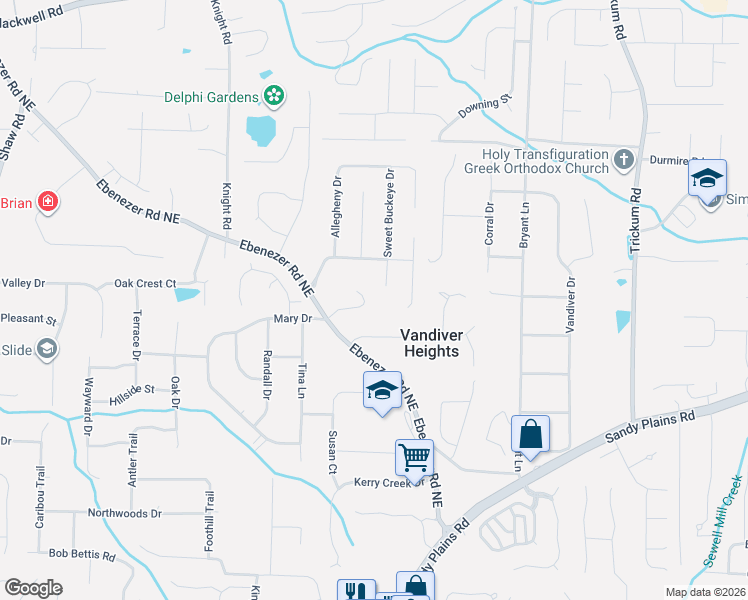 map of restaurants, bars, coffee shops, grocery stores, and more near 2031 Shadowood Drive in Marietta