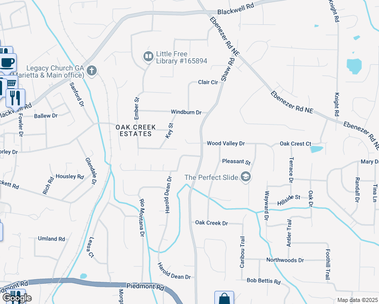 map of restaurants, bars, coffee shops, grocery stores, and more near 1495 Oak Springs Drive in Marietta