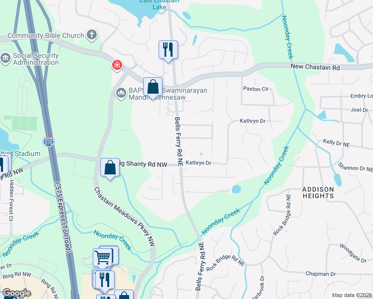 map of restaurants, bars, coffee shops, grocery stores, and more near 59 Kathryn Drive in Marietta