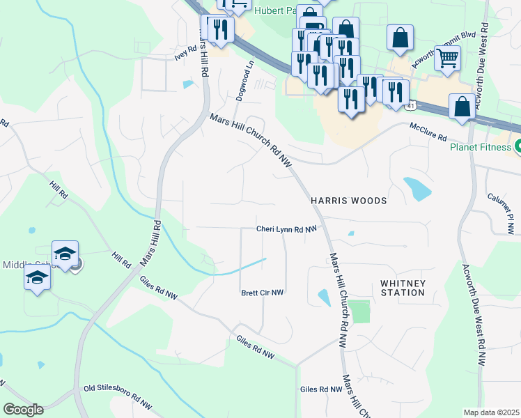 map of restaurants, bars, coffee shops, grocery stores, and more near 4748 Cheri Lynn Road Northwest in Acworth