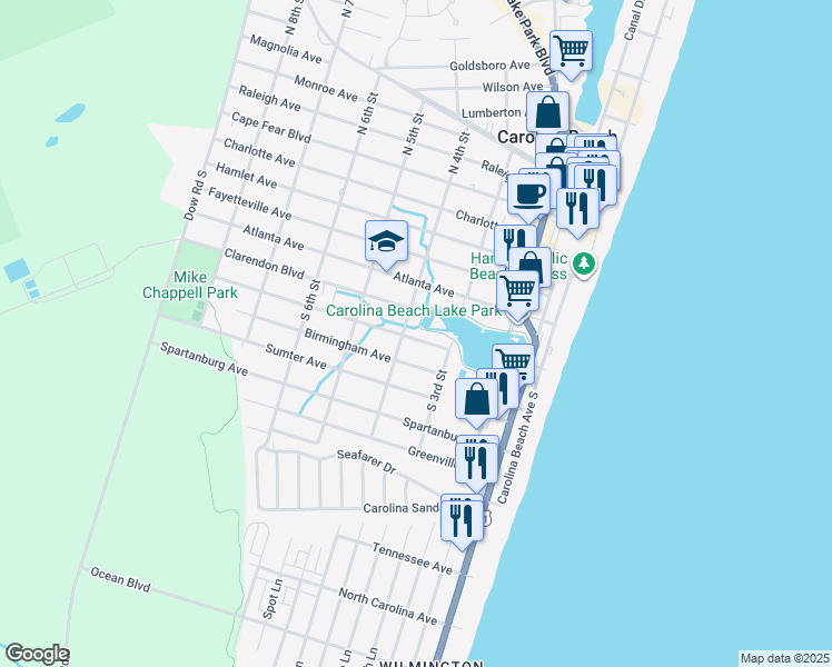 map of restaurants, bars, coffee shops, grocery stores, and more near 314 Birmingham Avenue in Carolina Beach