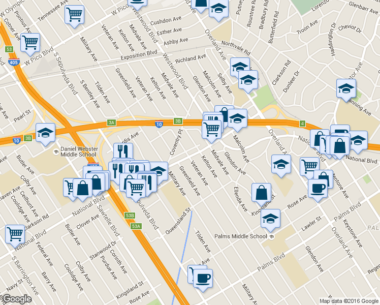 map of restaurants, bars, coffee shops, grocery stores, and more near 10921 National Boulevard in Los Angeles