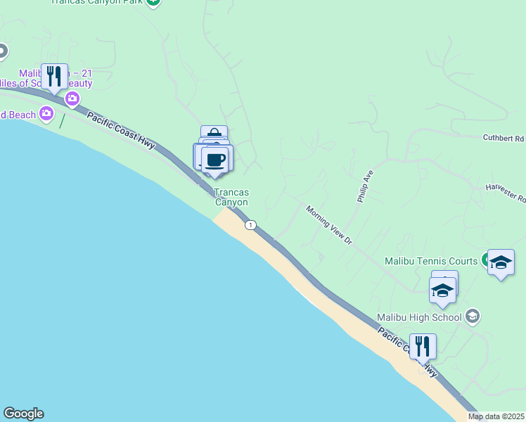 map of restaurants, bars, coffee shops, grocery stores, and more near 6439 Surfside Way in Malibu