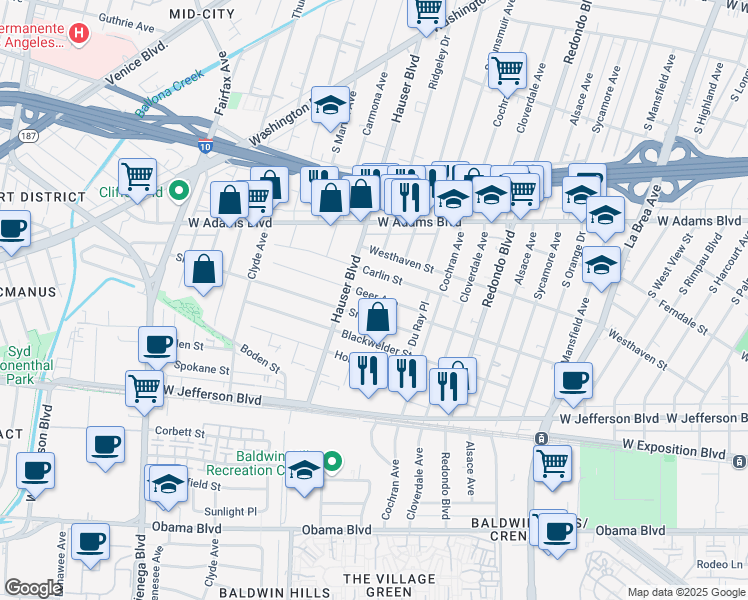 map of restaurants, bars, coffee shops, grocery stores, and more near 5432 Geer Avenue in Los Angeles