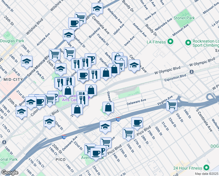 map of restaurants, bars, coffee shops, grocery stores, and more near 2900 Olympic Boulevard in Santa Monica