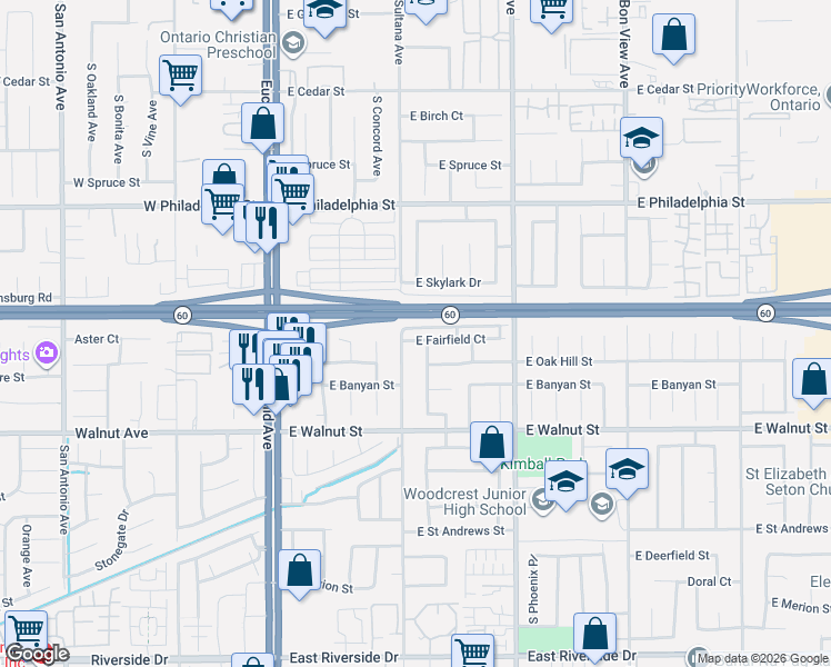 map of restaurants, bars, coffee shops, grocery stores, and more near 513 East Fairfield Court in Ontario