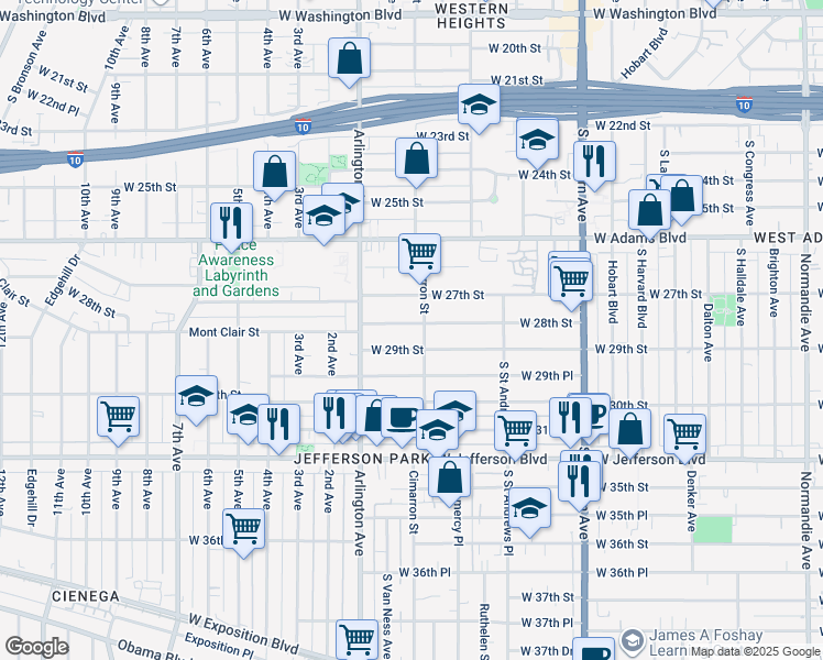 map of restaurants, bars, coffee shops, grocery stores, and more near 2226 West 28th Street in Los Angeles