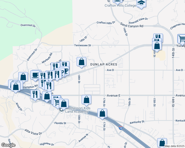 map of restaurants, bars, coffee shops, grocery stores, and more near 31816 Avenue E in Yucaipa