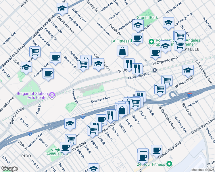 map of restaurants, bars, coffee shops, grocery stores, and more near 3003 Exposition Boulevard in Santa Monica