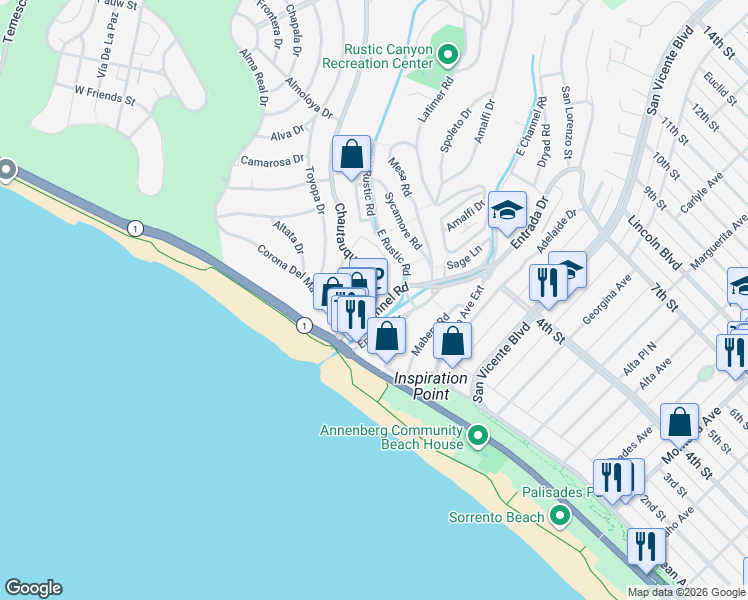 map of restaurants, bars, coffee shops, grocery stores, and more near 160 West Channel Road in Santa Monica