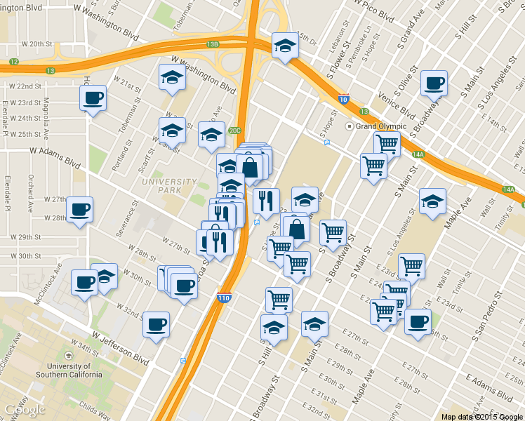 map of restaurants, bars, coffee shops, grocery stores, and more near 2460 Flower Street in Los Angeles