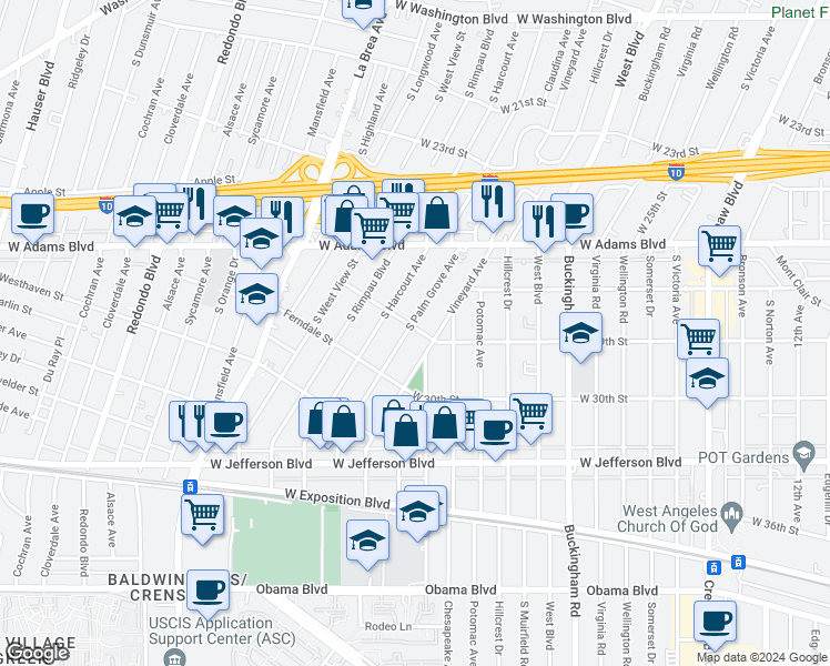 map of restaurants, bars, coffee shops, grocery stores, and more near 2802 1/2 South Palm Grove Avenue in Los Angeles