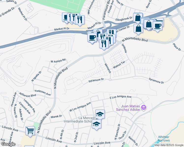 map of restaurants, bars, coffee shops, grocery stores, and more near 1198 Poppy Court in Montebello
