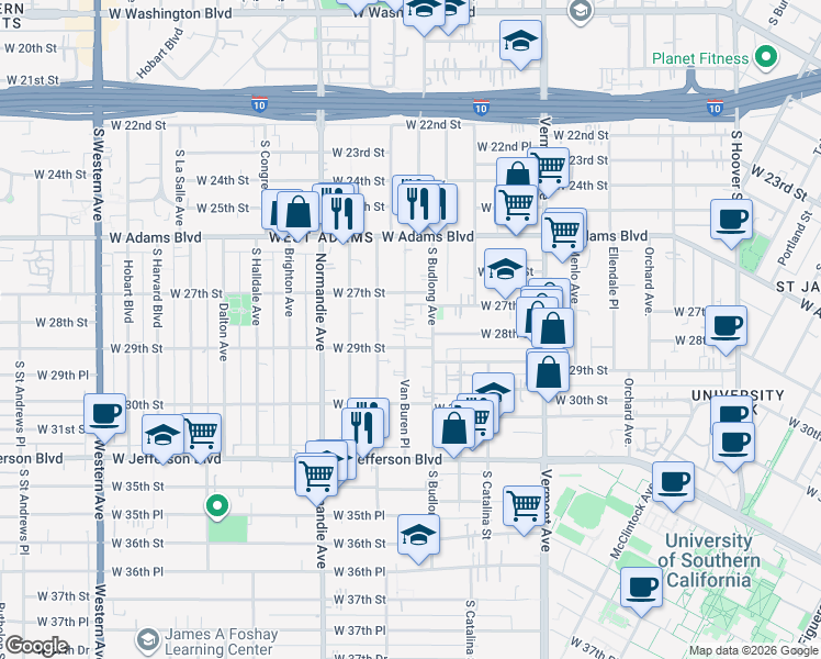 map of restaurants, bars, coffee shops, grocery stores, and more near 1588 West 29th Street in Los Angeles