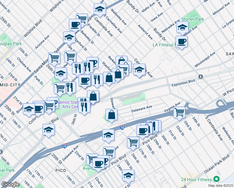 map of restaurants, bars, coffee shops, grocery stores, and more near 2900 Olympic Boulevard in Santa Monica