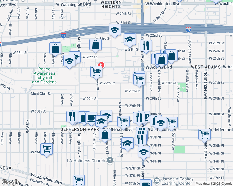 map of restaurants, bars, coffee shops, grocery stores, and more near 2114 West 28th Street in Los Angeles