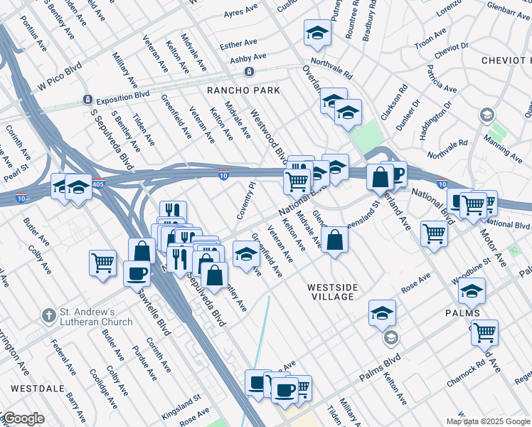 map of restaurants, bars, coffee shops, grocery stores, and more near 10921 National Boulevard in Los Angeles