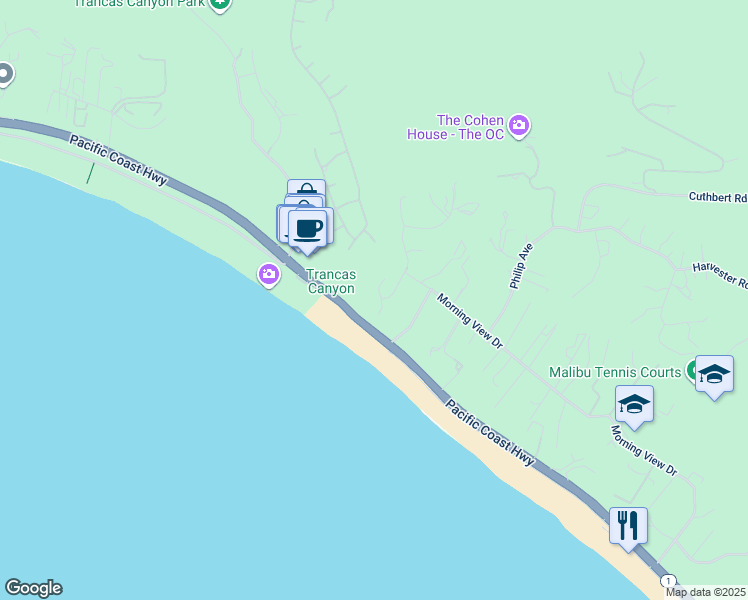 map of restaurants, bars, coffee shops, grocery stores, and more near 6439 Surfside Way in Malibu