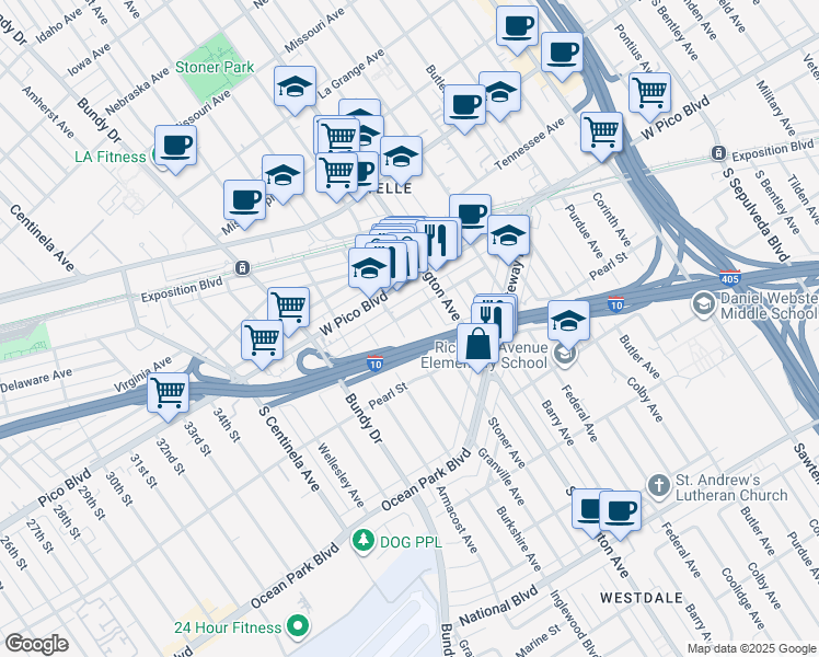 map of restaurants, bars, coffee shops, grocery stores, and more near 2490 Granville Avenue in Los Angeles