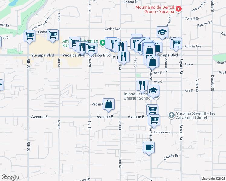 map of restaurants, bars, coffee shops, grocery stores, and more near 34850 Ave D in Yucaipa