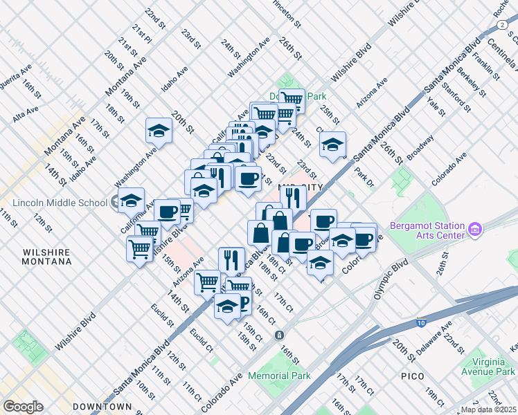 map of restaurants, bars, coffee shops, grocery stores, and more near 1311 19th Street in Santa Monica