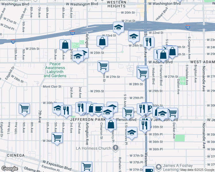 map of restaurants, bars, coffee shops, grocery stores, and more near 2190 West 28th Street in Los Angeles