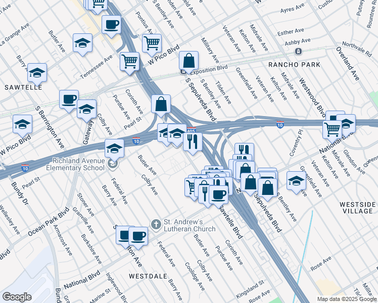 map of restaurants, bars, coffee shops, grocery stores, and more near in Los Angeles