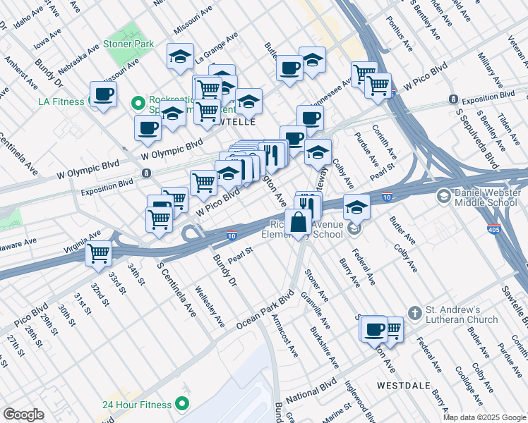 map of restaurants, bars, coffee shops, grocery stores, and more near 2457 Stoner Avenue in Los Angeles