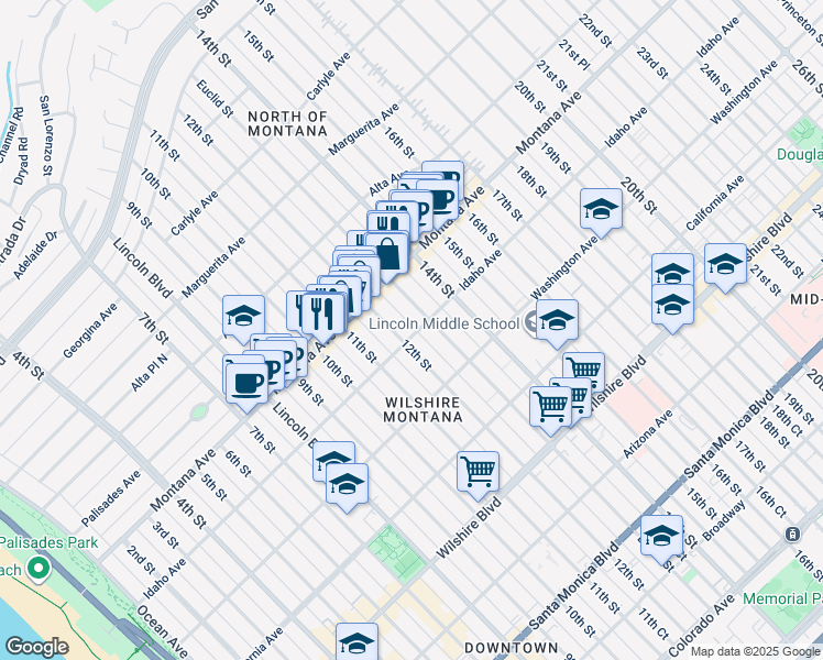 map of restaurants, bars, coffee shops, grocery stores, and more near 1201 Idaho Avenue in Santa Monica