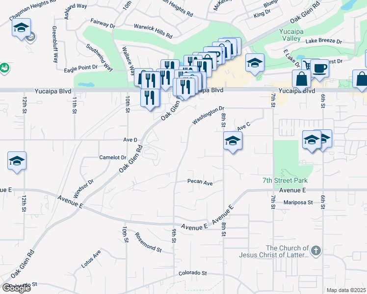 map of restaurants, bars, coffee shops, grocery stores, and more near 33540 Washington Drive in Yucaipa