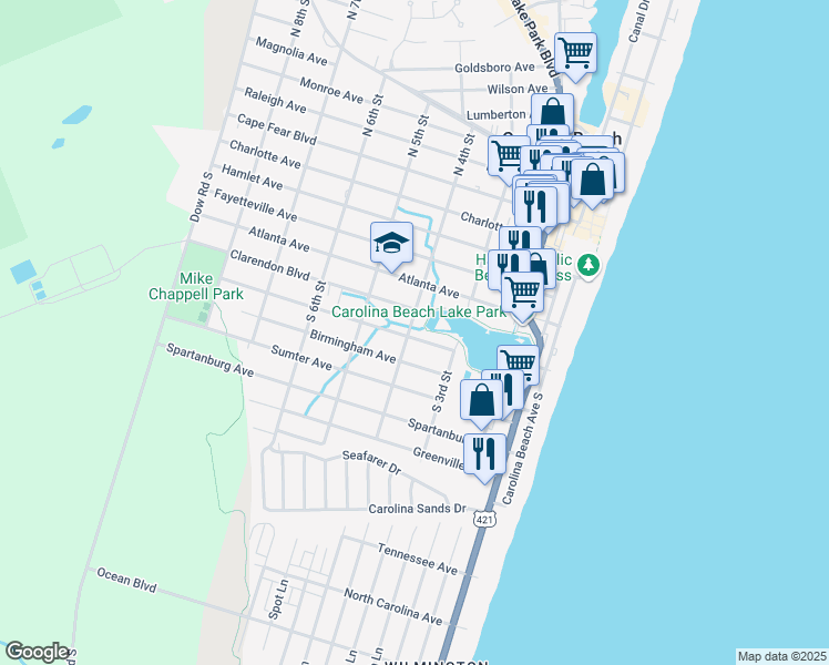 map of restaurants, bars, coffee shops, grocery stores, and more near 318 Columbia Avenue in Carolina Beach