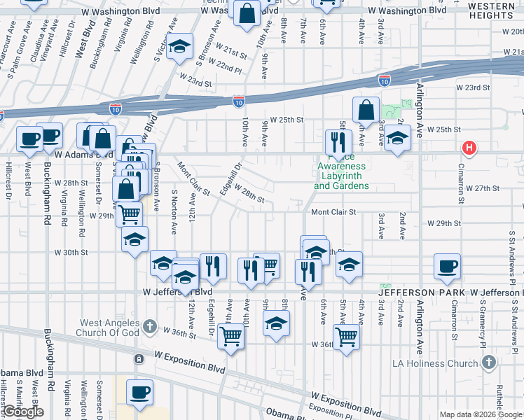 map of restaurants, bars, coffee shops, grocery stores, and more near 3837 West 28th Street in Los Angeles